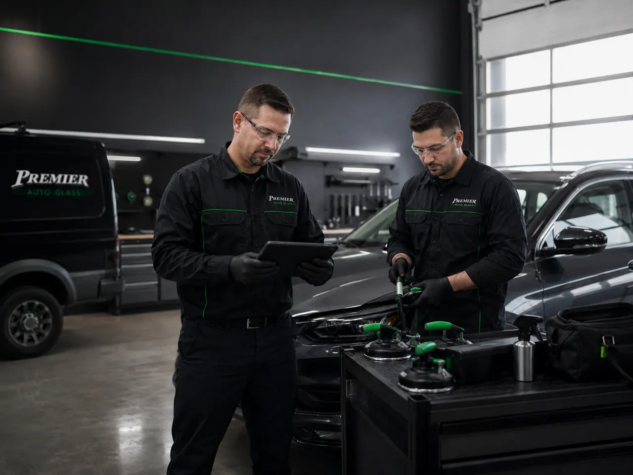 Premier Auto Glass technicians reviewing a job in the shop