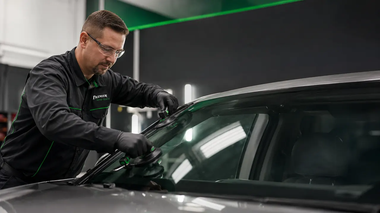 Premier Auto Glass technician installing a windshield in a modern service bay